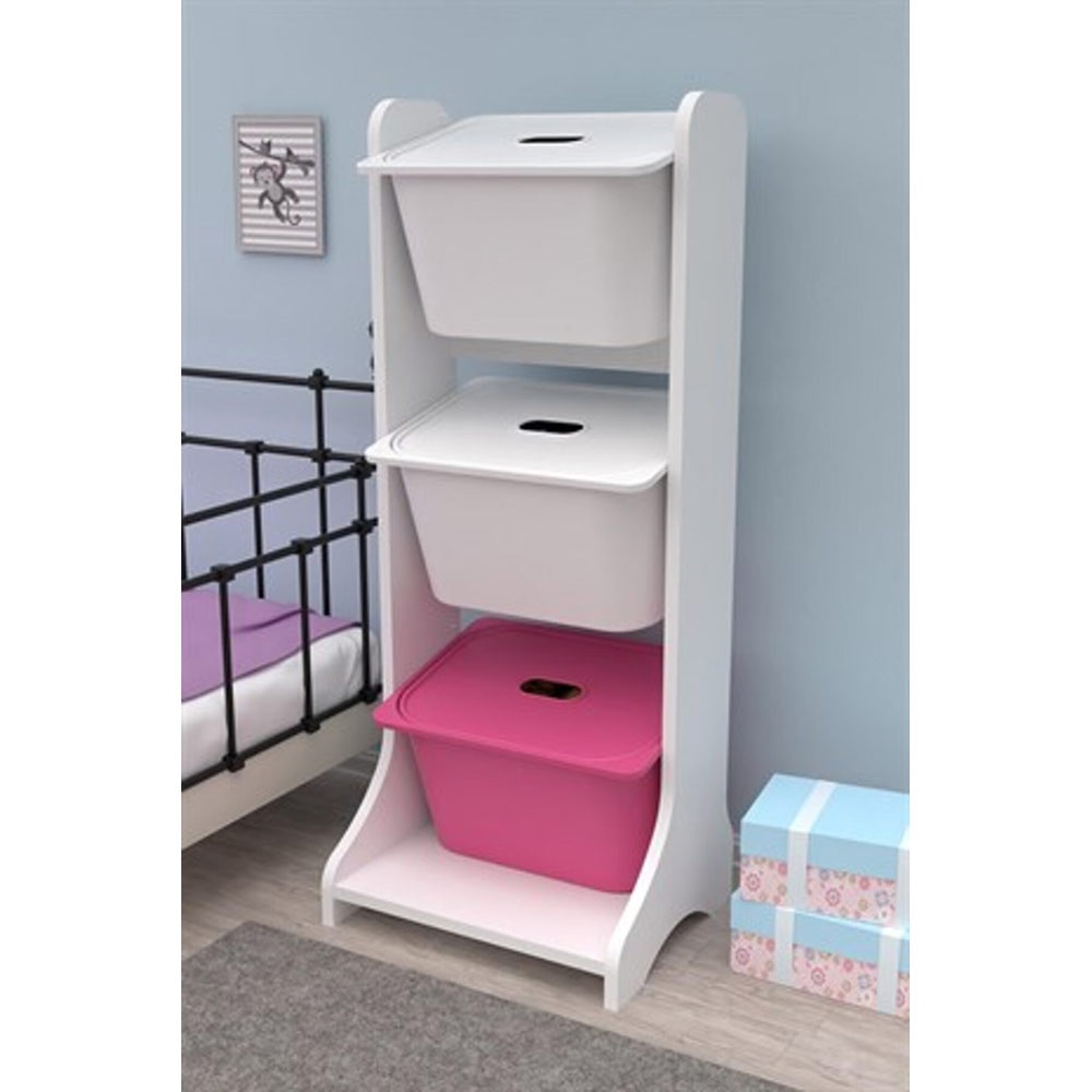 Dulap cutii depozitare TIVOLI, 44 x 35 x 107 cm, alb-roz, 3 cutii