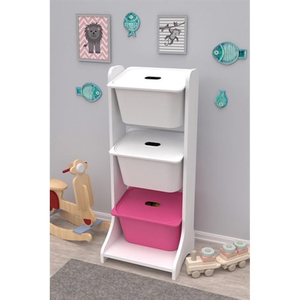Dulap cutii depozitare TIVOLI, 44 x 35 x 107 cm, alb-roz, 3 cutii