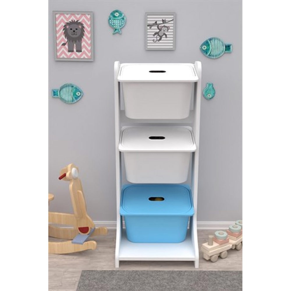 Dulap cutii depozitare TIVOLI, 44 x 35 x 107 cm, alb-albastru, 3 cutii