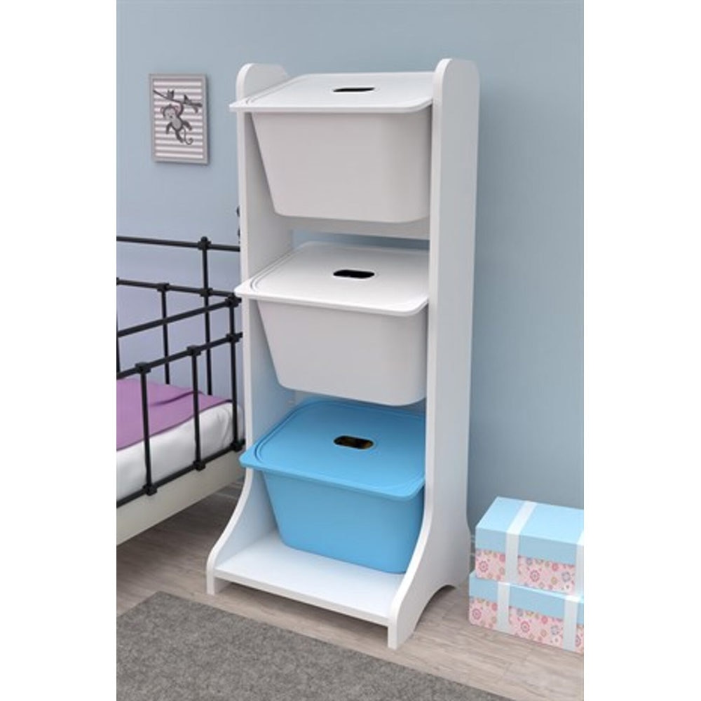 Dulap cutii depozitare TIVOLI, 44 x 35 x 107 cm, alb-albastru, 3 cutii