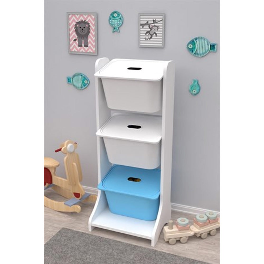 Dulap cutii depozitare TIVOLI, 44 x 35 x 107 cm, alb-albastru, 3 cutii