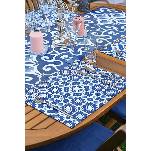 Suport farfurii si napron Ethnic Blue 1, 35 x 45 cm, 35 x 140 cm, 4 + 1 bucati, multicolor