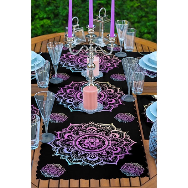 Suport farfurii si napron Ethnic Pink 1, 35 x 45 cm, 35 x 140 cm, 4 + 1 bucati, multicolor