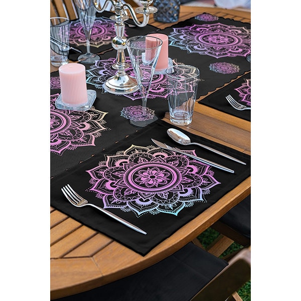 Suport farfurii si napron Ethnic Pink 1, 35 x 45 cm, 35 x 140 cm, 4 + 1 bucati, multicolor