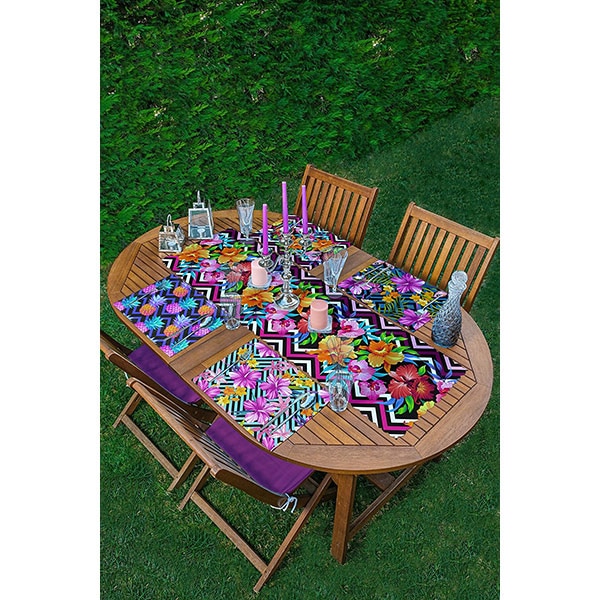 Suport farfurii si napron Flower zig zag, 35 x 45 cm, 35 x 140 cm, 4 + 1 bucati, multicolor