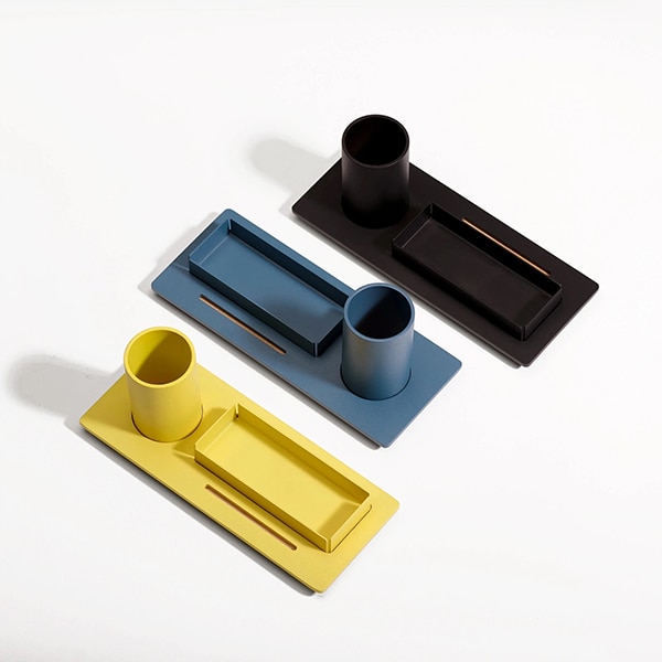 Suport accesorii birou SPIN Three, metal-lemn, albastru