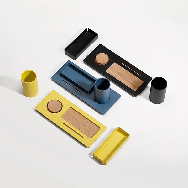 Suport accesorii birou SPIN Three, metal-lemn, albastru