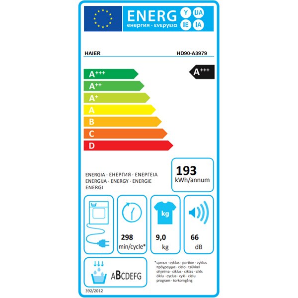 Uscator de rufe HAIER HD90-A3979-S, Pompa de caldura, 9 kg, 14 programe, Clasa A+++, alb