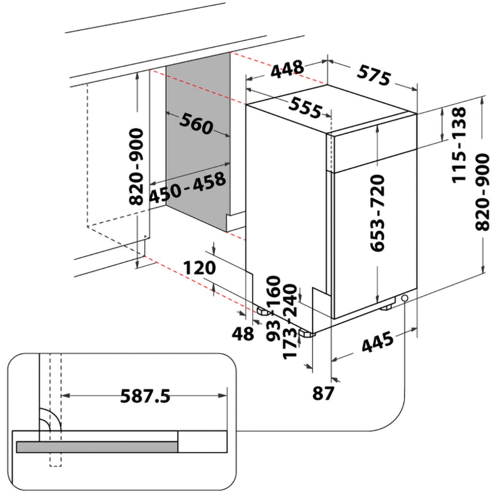 Masina de spalat vase semi-incorporabila WHIRLPOOL WSBO3O34PFX, 6th sense, 10 seturi, 8 programe, 45 cm, Clasa D, inox