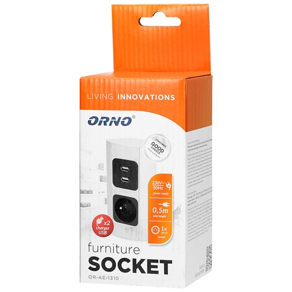 Priza externa ORNO OR-AE-1310(GS), 1 priza, 2 x USB, 0.5m, argintiu