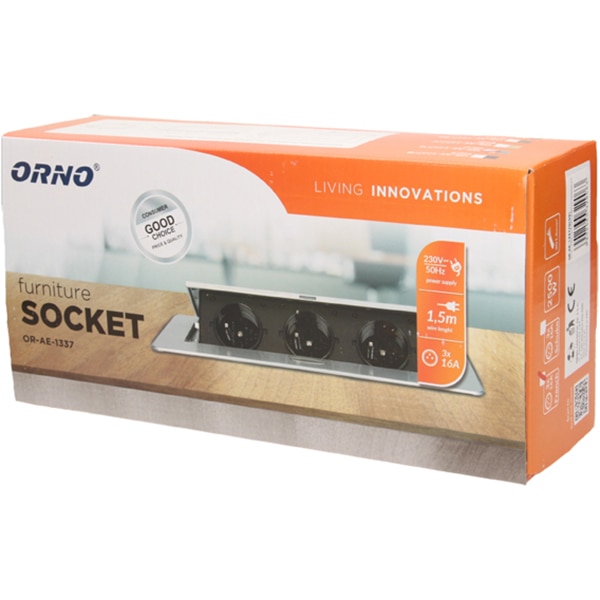 Prelungitor ORNO OR-AE-1337/G(GS), 3 prize, 1.5m, montaj incastrabil, negru