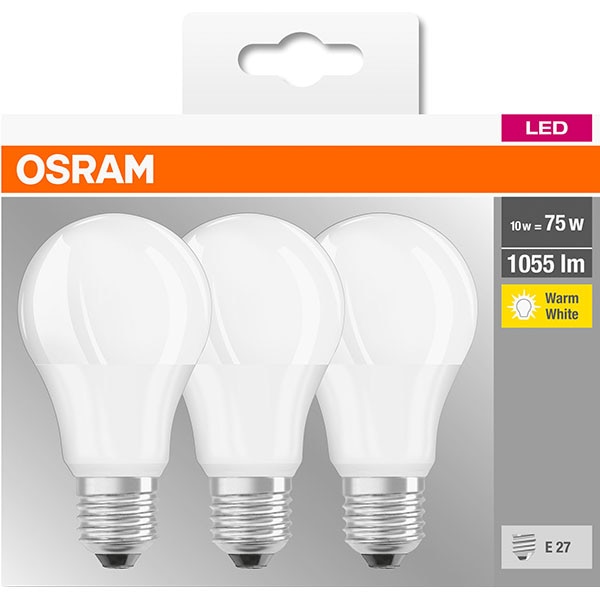 Set 3 becuri LED OSRAM A75, E27, 10W, lumina calda