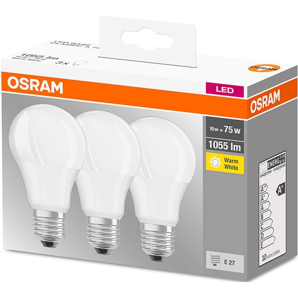 Set 3 becuri LED OSRAM A75, E27, 10W, lumina calda