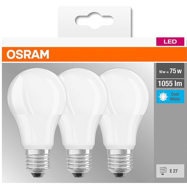 Set 3 becuri LED OSRAM A75, E27, 10W, lumina neutra