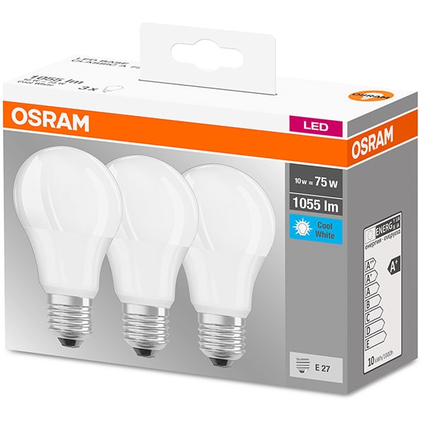 Set 3 becuri LED OSRAM A75, E27, 10W, lumina neutra