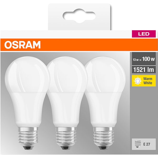 Set 3 becuri LED OSRAM A100, E27, 13W, lumina calda