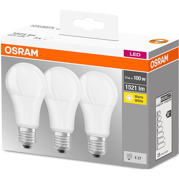 Set 3 becuri LED OSRAM A100, E27, 13W, lumina calda
