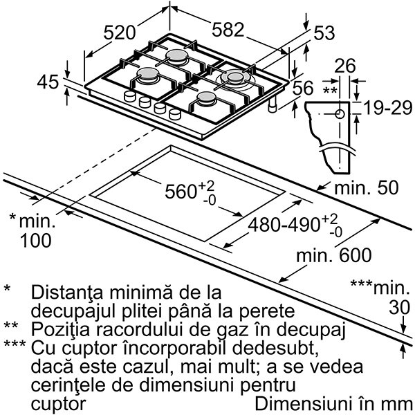 Plita incorporabila BOSCH PCH6A5B90, Gaz, 4 arzatoare, Wok, inox