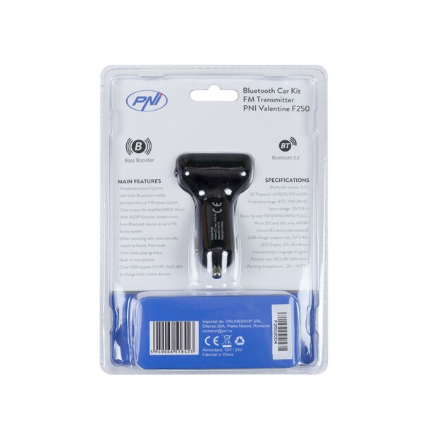 Modulator FM PNI Valentine F250 Bluetooth 5.0, MP3 player, negru