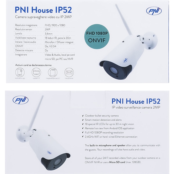 Camera IP Wireless PNI IP52, Full HD 1080p, IR, Night Vision, alb