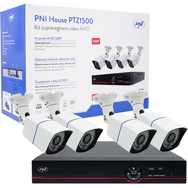 Kit supraveghere video PNI House PTZ1500, 4 camere UHD 1920p, DVR, 4 canale, alb-negru