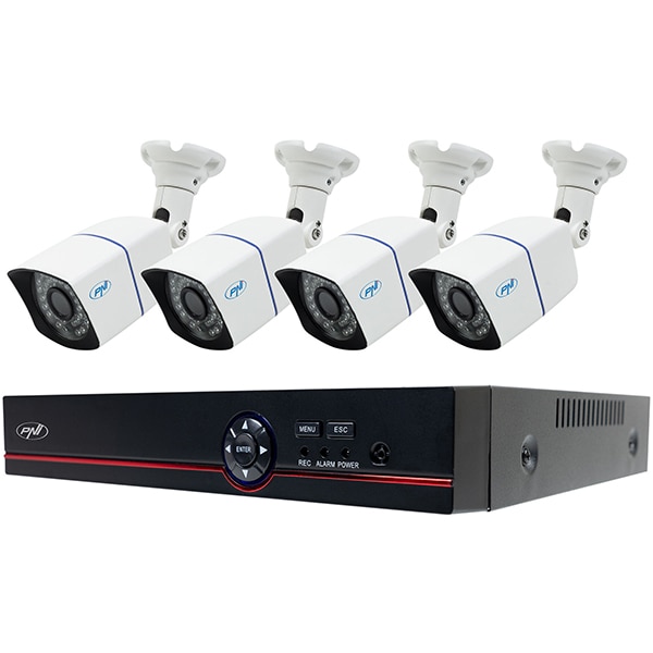 Kit supraveghere video PNI House PTZ1500, 4 camere UHD 1920p, DVR, 4 canale, alb-negru