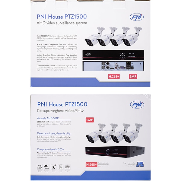 Kit supraveghere video PNI House PTZ1500, 4 camere UHD 1920p, DVR, 4 canale, alb-negru