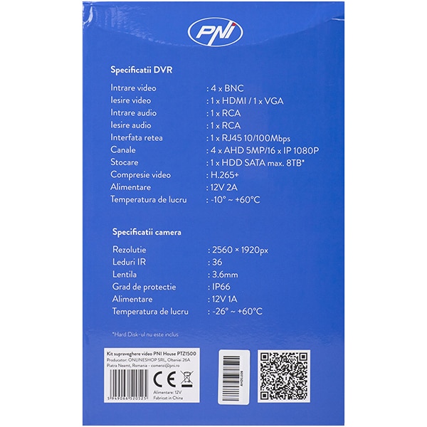 Kit supraveghere video PNI House PTZ1500, 4 camere UHD 1920p, DVR, 4 canale, alb-negru