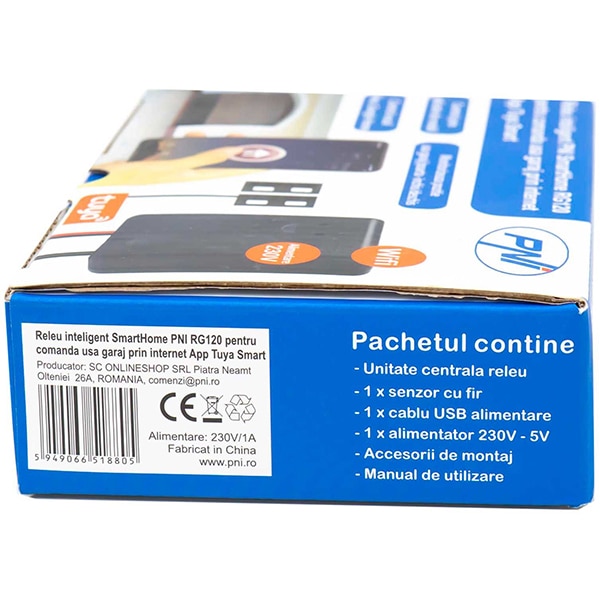 Releu smart PNI SmartHome RG120, Wi-Fi, deschidere usa garaj/poarta, monitorizare prin Tuya Smart App