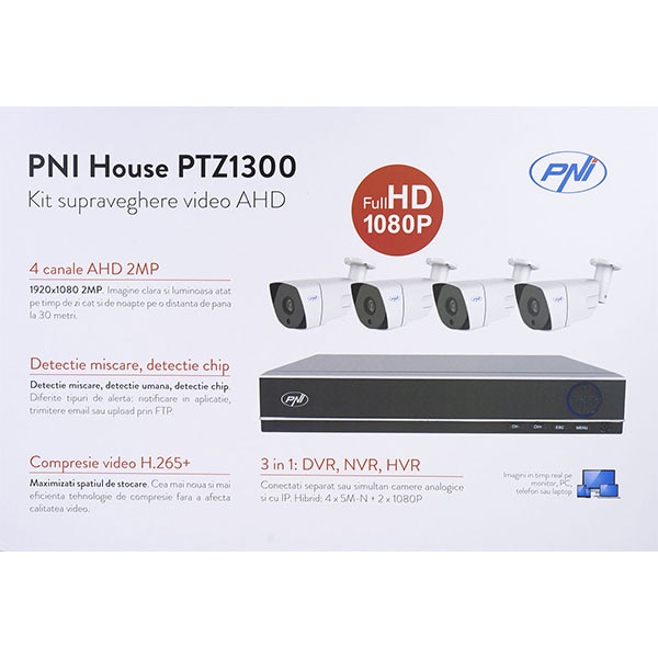 Kit supraveghere PNI House PTZ1300, 4 camere Full HD, NVR, 8 canale, alb-negru