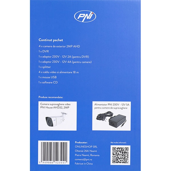 Kit supraveghere PNI House PTZ1300, 4 camere Full HD, NVR, 8 canale, alb-negru