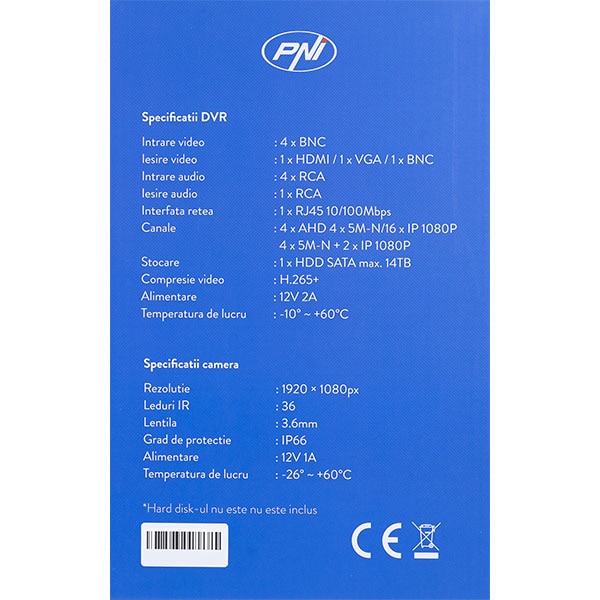 Kit supraveghere PNI House PTZ1300, 4 camere Full HD, NVR, 8 canale, alb-negru