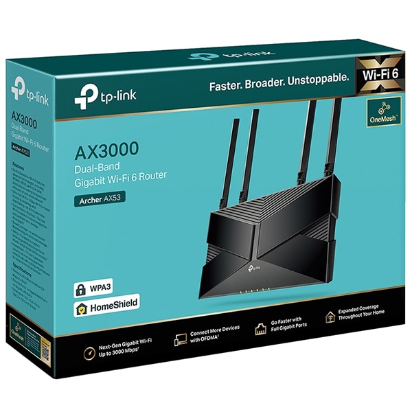 Router Wireless Gigabit TP-LINK Archer AX53 AX3000, Wi-Fi 6, Dual-Band 574 + 2402 Mbps, negru