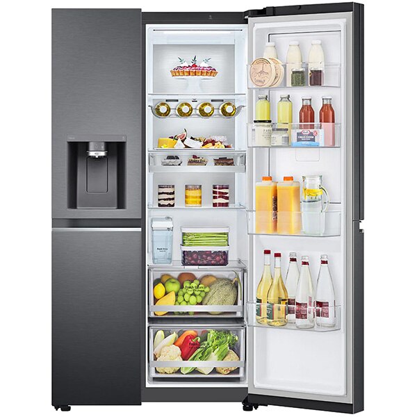 Side by Side LG GSJV91MCAE, Total No Frost, 635 l, H 179 cm, Clasa E, Dozator apa UVnano, DoorCooling+, ThinQ, negru