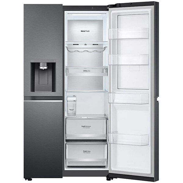 Side by Side LG GSJV91MCAE, Total No Frost, 635 l, H 179 cm, Clasa E, Dozator apa UVnano, DoorCooling+, ThinQ, negru