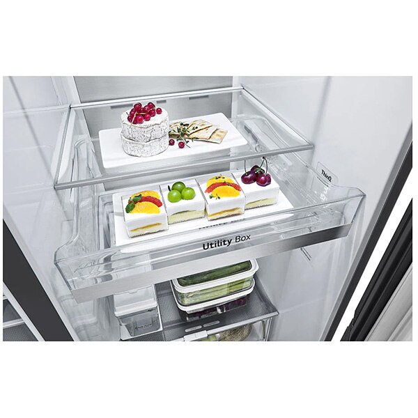 Side by Side LG GSJV91MCAE, Total No Frost, 635 l, H 179 cm, Clasa E, Dozator apa UVnano, DoorCooling+, ThinQ, negru