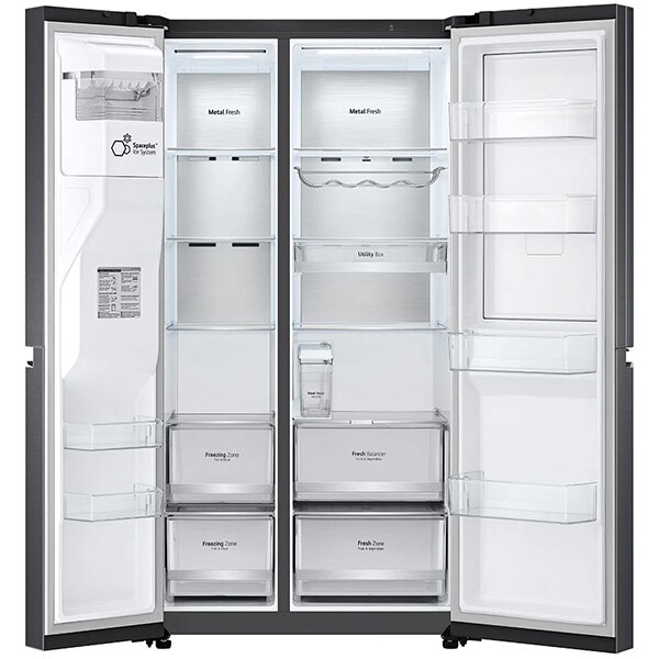 Side by Side LG GSJV91MCAE, Total No Frost, 635 l, H 179 cm, Clasa E, Dozator apa UVnano, DoorCooling+, ThinQ, negru