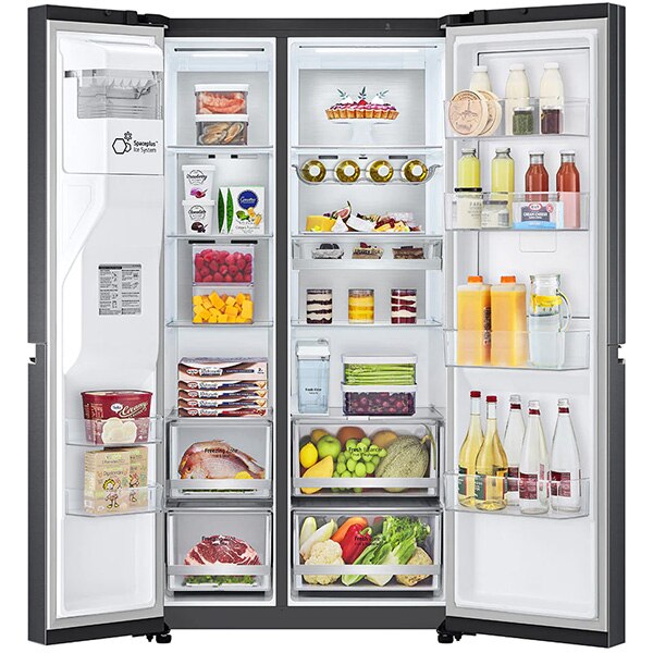 Side by Side LG GSJV91MCAE, Total No Frost, 635 l, H 179 cm, Clasa E, Dozator apa UVnano, DoorCooling+, ThinQ, negru