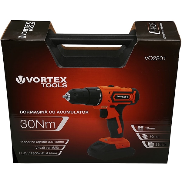 Masina de gaurit si insurubat (bormasina) VORTEX TOOLS VO2801, 14.4V, 1.3Ah, 1500RPM, 30Nm, cutie plastic