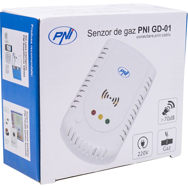 Senzor de gaz PNI GD-01, avertizare sonora si luminoasa, alb