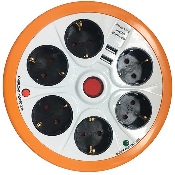 Prelungitor cu protectie STROHM SMGES054, 6 prize, 2 x USB, 1.5 m, alb-portocaliu