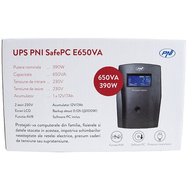Unitate UPS PNI SafePC E650VA, 650VA, LCD, Schuko