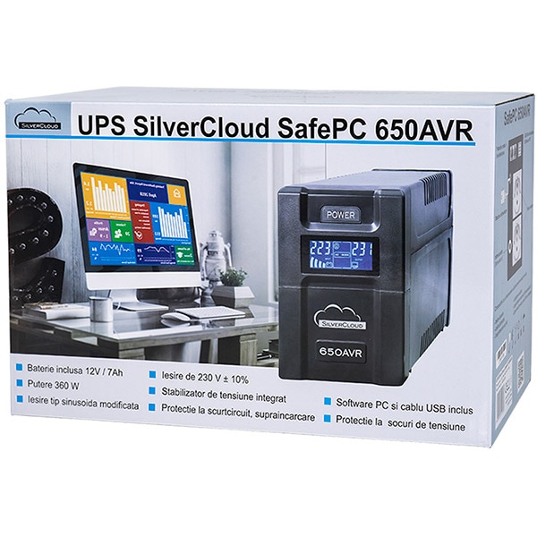 Unitate UPS SILVERCLOUD SafePC 650AVR, 600VA, AVR, Schuko