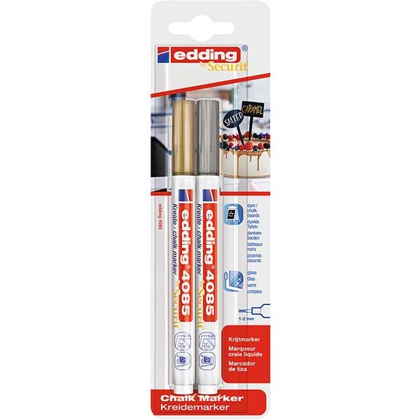 Set marker pentru sticla EDDING 4085, creta lichida pe baza de apa, 1-2 mm, 2 buc, auriu-argintiu