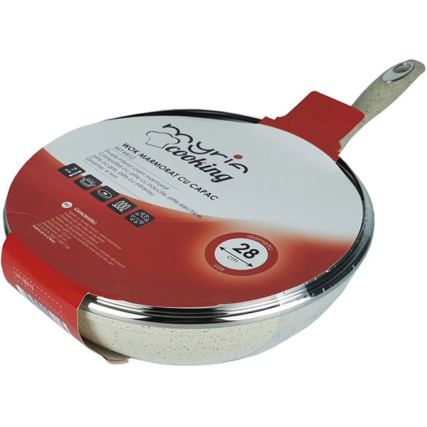 Tigaie Wok marmorat MYRIA MY4412, 28cm, aliaj de aluminiu, crem
