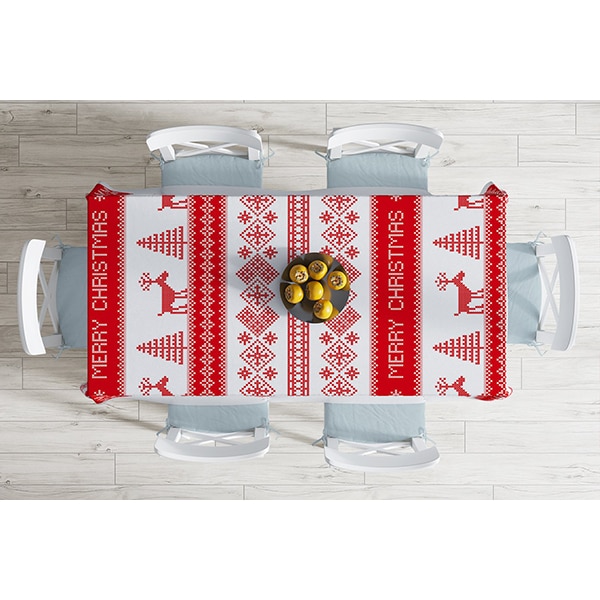 Fata de masa Decor 5 Craciun, poliester + bumbac, 140 x 180 cm, alb-rosu