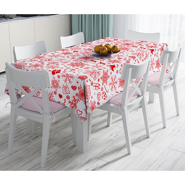 Fata de masa Decor 6 Craciun, poliester + bumbac, 140 x 180 cm, alb-rosu