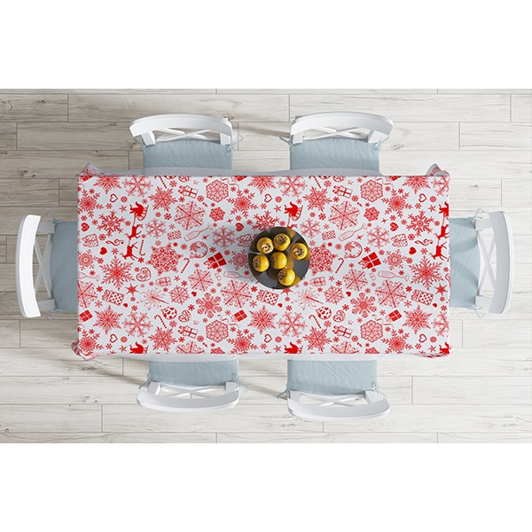 Fata de masa Decor 6 Craciun, poliester + bumbac, 140 x 180 cm, alb-rosu