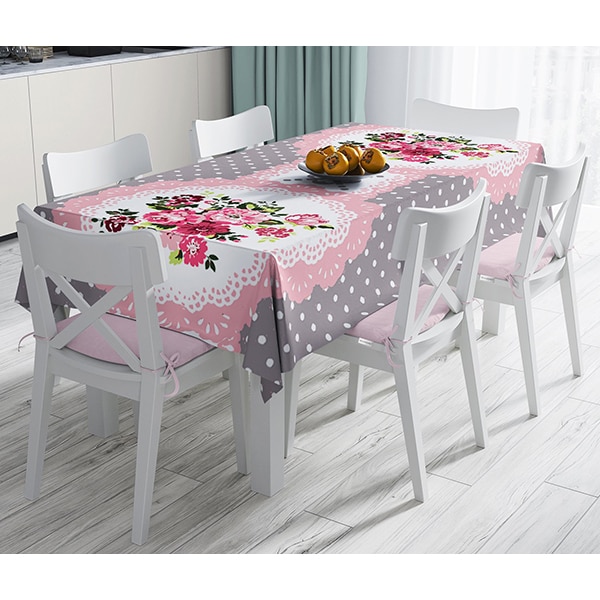 Fata de masa Flowers, poliester + bumbac, 140 x 180 cm, roz-gri
