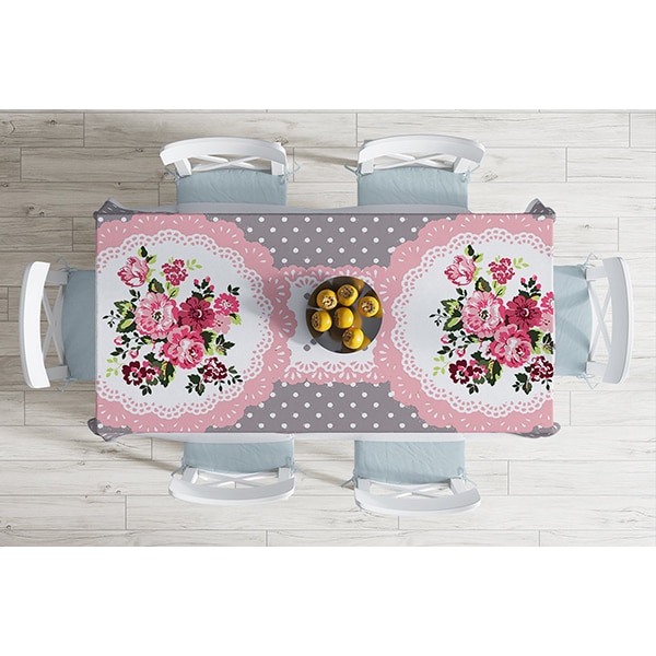 Fata de masa Flowers, poliester + bumbac, 140 x 180 cm, roz-gri